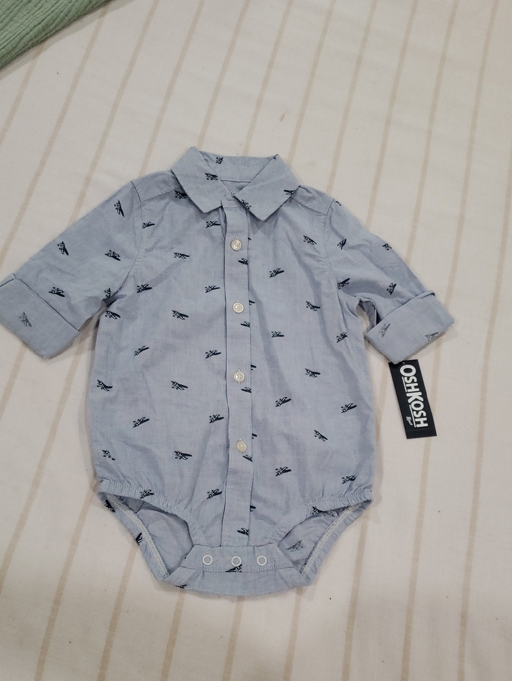 OshKosh Light Blue Baby Button-Up with Navy Airplane Print